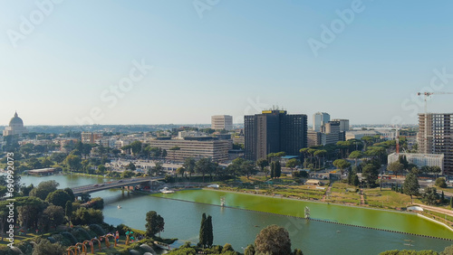 Rome, Italy. Lake Lago dell EUR. The World s Fair Quarter is a vast complex of buildings built on the orders of dictator Benito Mussolini, Aerial View photo