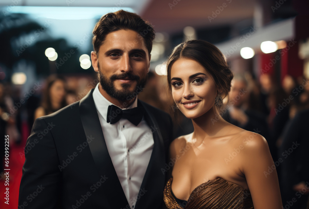 Man and woman are posing for a picture on the red carpet. Man and woman are posing for a picture on the red carpet.