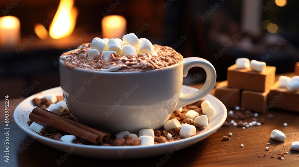 Cup of hot chocolate topped with whipped and marshmallows. Cup of hot chocolate topped with whipped and marshmallows.