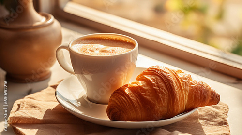 Morning cup of coffee with a croissant