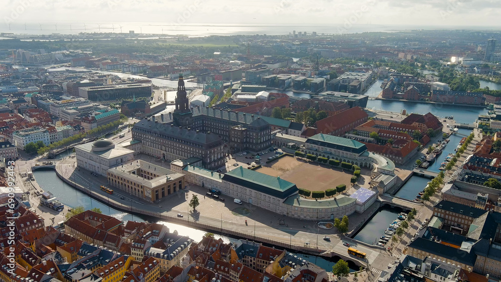 Copenhagen, Denmark. Christiansborg (Danish Christiansborg Slot) is  Danish royal palace since 1740. The building of Danish parliament Folketing. Located in old part of Copenhagen, Aerial View