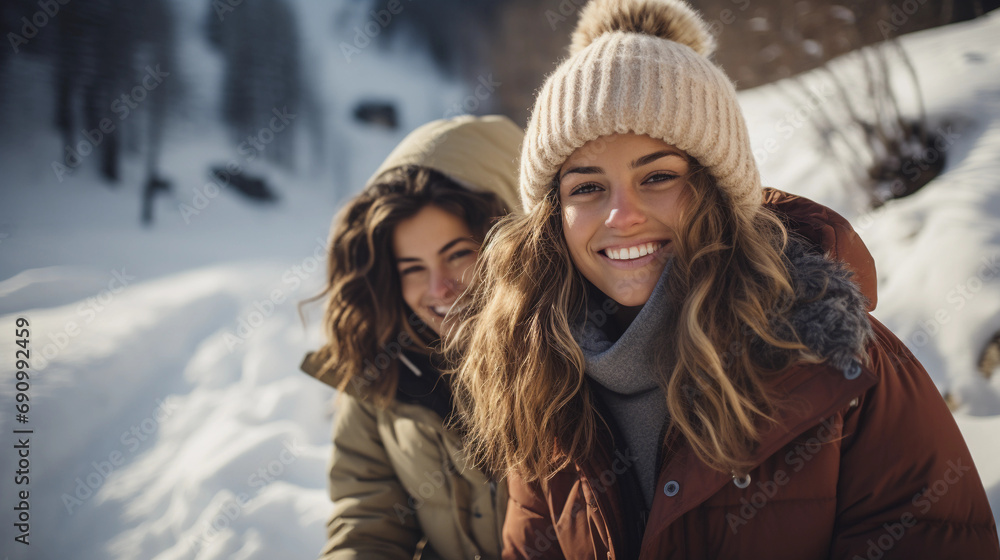 Friends Teenagers smile on a winter street. Snow all around, sunny day