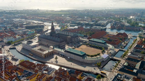 Copenhagen, Denmark. Christiansborg (Danish Christiansborg Slot) is  Danish royal palace since 1740. The building of Danish parliament Folketing. Located in old part of Copenhagen, Aerial View photo