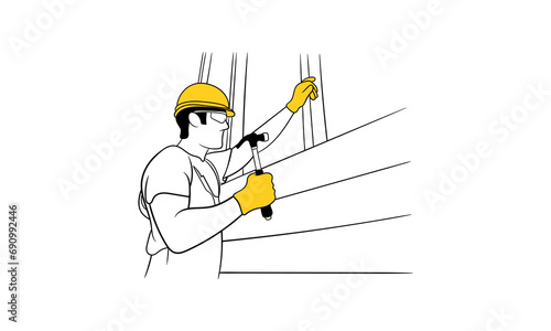 Handsome young male construction worker holding hammer tool and smiling while installing exterior wood siding Flat vector illustration