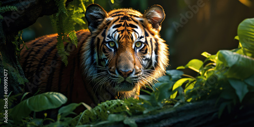 In the quiet of the jungle, a young tiger pauses, bathed in a shaft of morning light