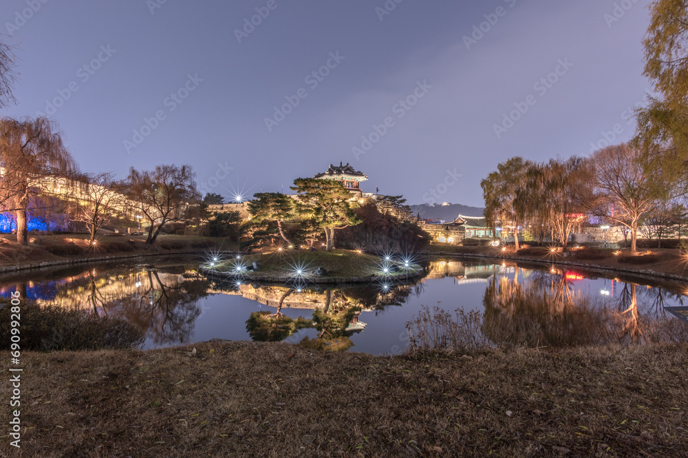 A romantic night picture  of Suwon Hwaseong Fortress