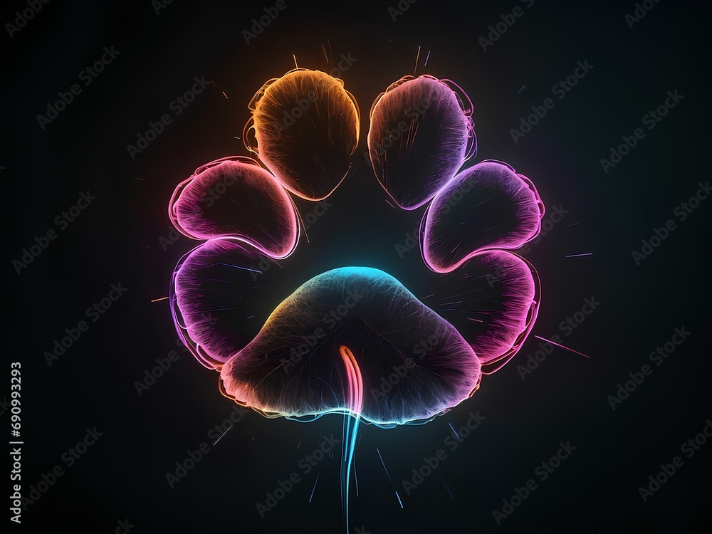 Obraz premium transparent glowing animal foot print, glowing lines, black background, for design, isolated