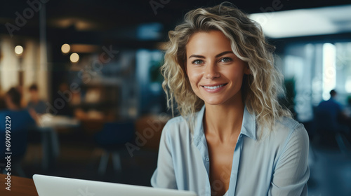 Smiling woman is at the online meeting with colleagues.