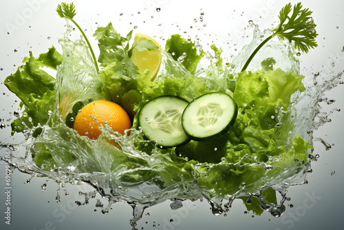 Vegetables and fruits washed with clean water on white background.