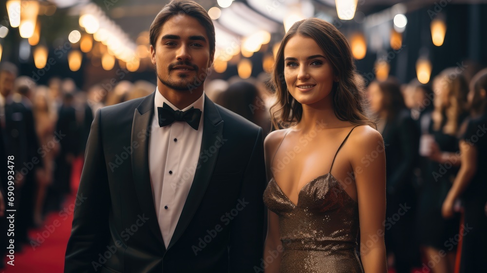 Man in smart tuxedo and woman walking through photographers on a red carpet. Man in smart tuxedo and woman walking through photographers on a red carpet.