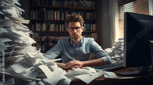 Man broken and sitting in his office with a lot of bills.