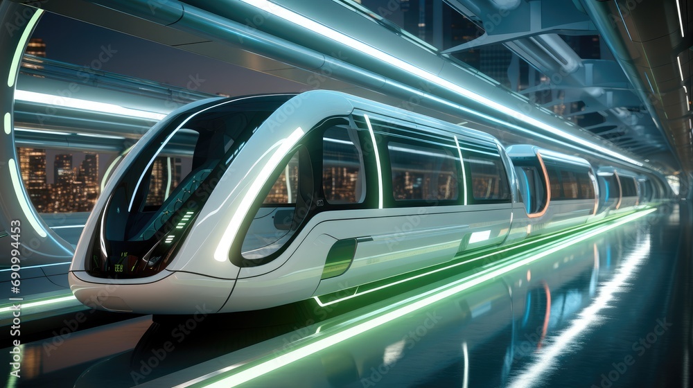 Modern underground metro station with high tech futuristic chrome trains.