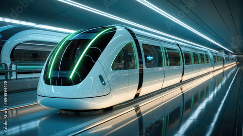 Modern underground metro station with high tech futuristic chrome trains.