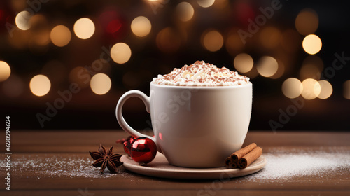 A mug of hot chocolate with Christmas background.