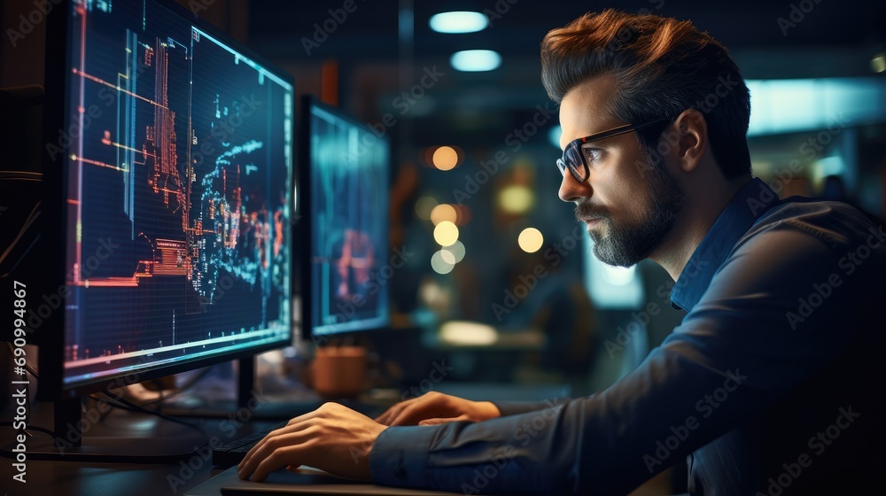 IT specialist intensely working on their computer with lines of code on the screen, Have a concentrated expression, showing their dedication and passion for AI development in a office. IT specialist intensely working on their computer with lines of code on the screen, Have a concentrated expression, showing their dedication and passion for AI development in a office.