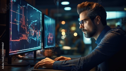 IT specialist intensely working on their computer with lines of code on the screen, Have a concentrated expression, showing their dedication and passion for AI development in a office. photo