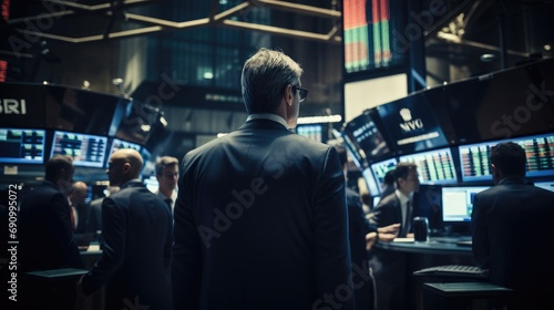 A crowded stock trading floor with traders in business attire.