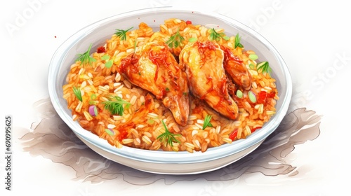 Delicious Ghanaian Jollof Rice with Chicken on White Background AI Generated