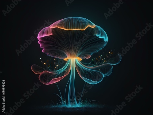 transparent glowing mushroom, glowing lines, black background, for design, isolated