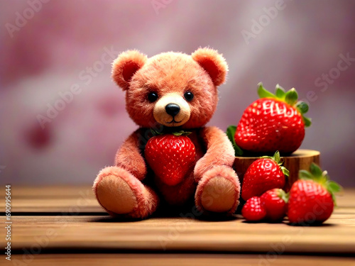 Teddy bear with strawberries. Generative Ai © Kdp Vibe
