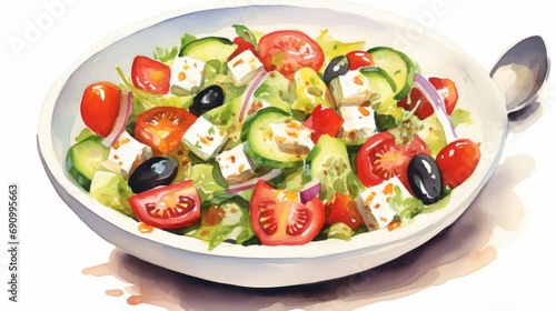 Delicious Greek Salad with Feta Cheese, Olives, and Tomatoes on White Background AI Generated