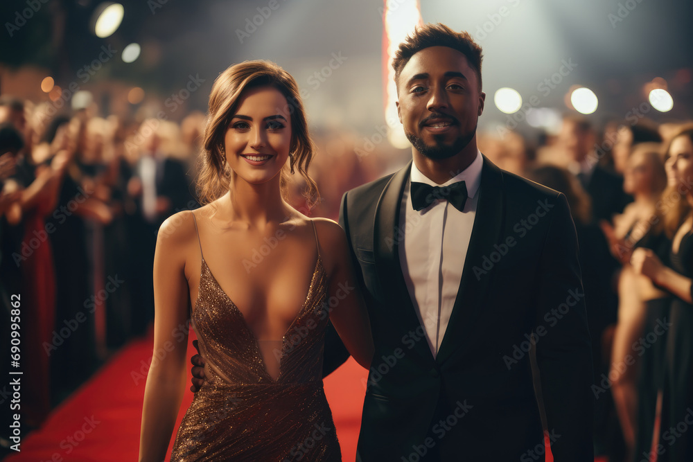 Mixed race Gen z couple woman with walking through photographers on a red carpet at a gala film awards. - obrazy, fototapety, plakaty 