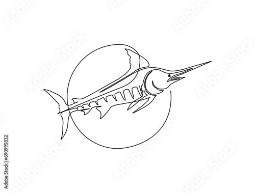 Continuous one line drawing of marlin fish. Simple illustration of marlin fish jumping line art vector illustration.