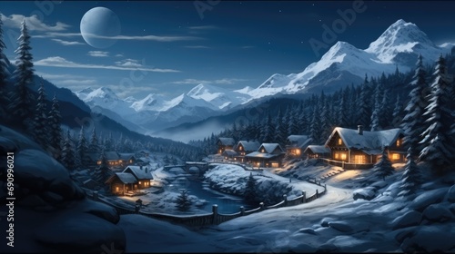 A village on a snowy mountain lit up at night with Christmas night sky, Starry, Cloudy, Moon, Pine tree.