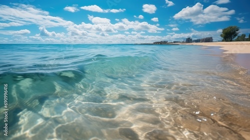 Blue clouds over a blue water beach.