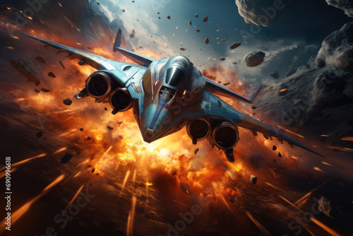 Futuristic sci-fi aircraft, Colorful explosions, Sparks flying, Flying at high speed.