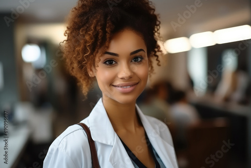 Portrait of pretty woman black doctor smile working in modern hospital.