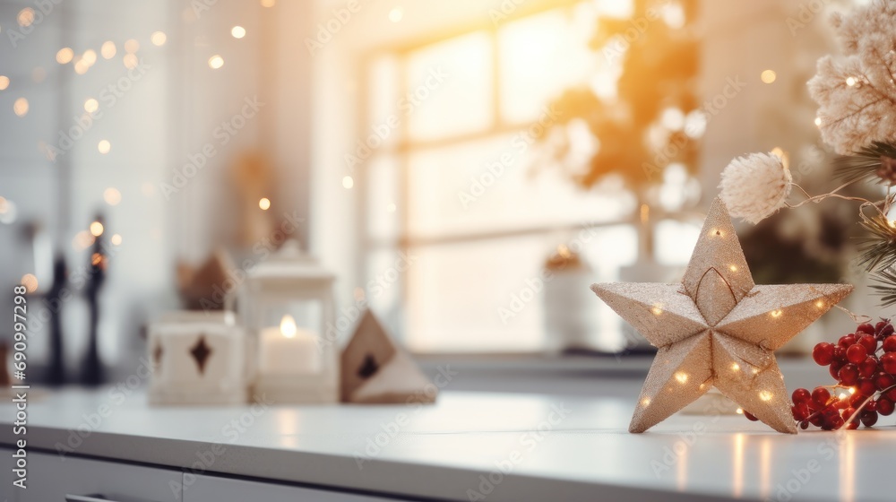 White kitchen interior with Christmas decoration White kitchen interior with Christmas decoration