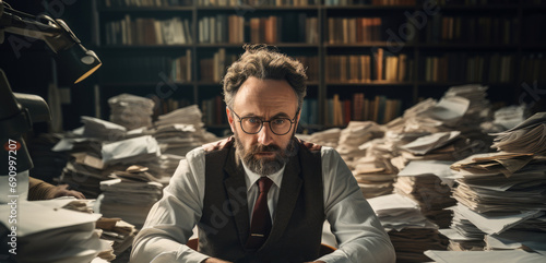 A teacher sitting at his text, Surrounded by papers waiting to be graded, Teacher looks overworked. photo