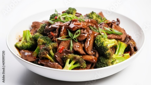 Delicious Chinese Beef and Broccoli Stir Fry on White Background AI Generated