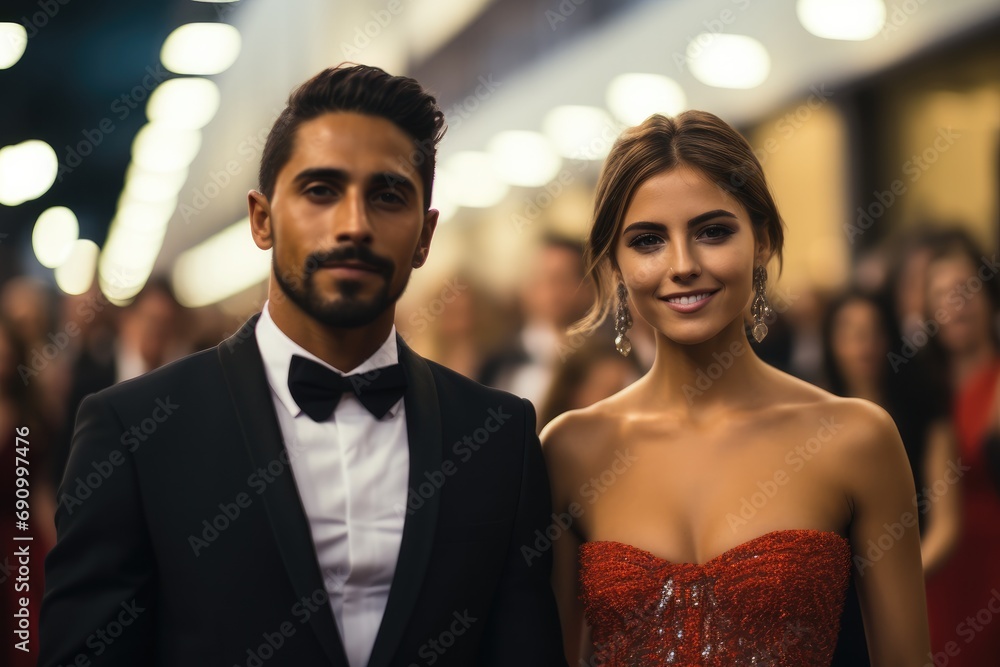 Mixed race Gen z couple walking through photographers on a red carpet at a gala film awards evening. Mixed race Gen z couple walking through photographers on a red carpet at a gala film awards evening.