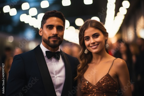 Mixed race Gen z couple walking through photographers on a red carpet at a gala film awards evening.