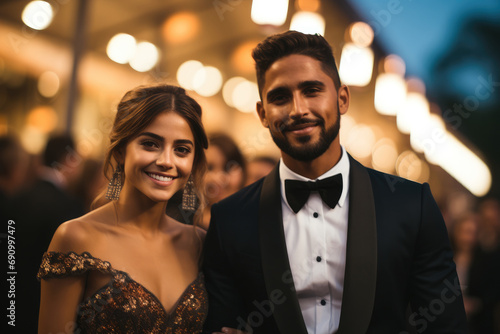 Mixed race Gen z couple walking through photographers on a red carpet at a gala film awards evening.