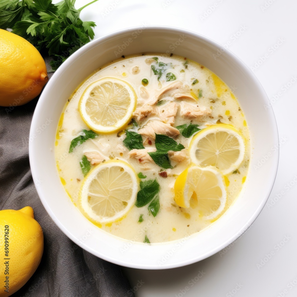 Delicious Greek Avgolemono Soup with Lemon Chicken on White Background AI Generated Delicious Greek Avgolemono Soup with Lemon Chicken on White Background AI Generated