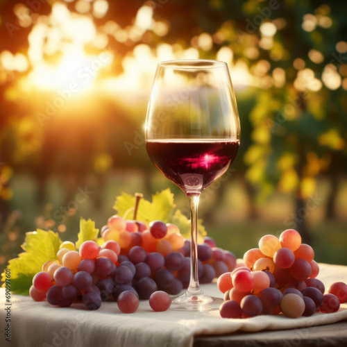 Wallpaper Mural Glass of red wine with grapes on table in vineyard during warm summer evening. ai generative Torontodigital.ca