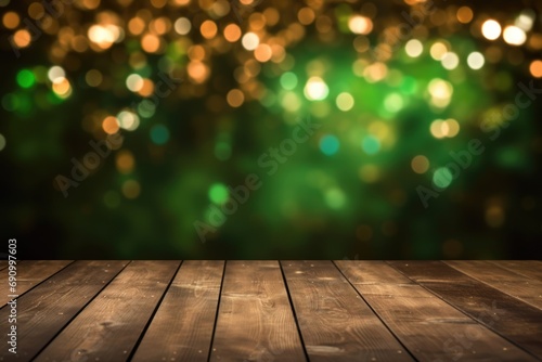 Patrick Day background with empty wooden table top and blurred green garland for design. Festive abstract pattern.