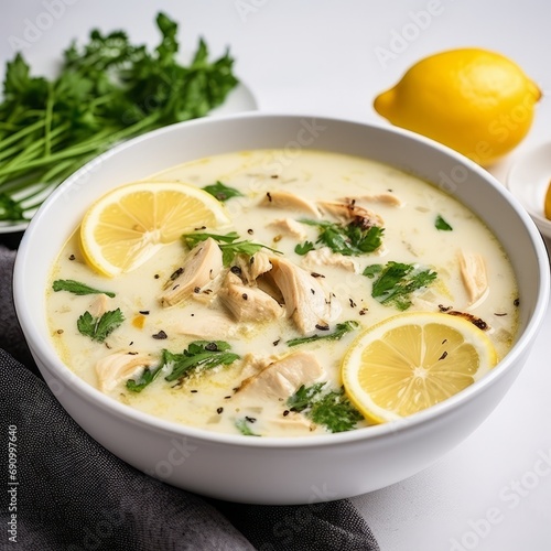 Delicious Greek Avgolemono Soup with Lemon Chicken on White Background AI Generated