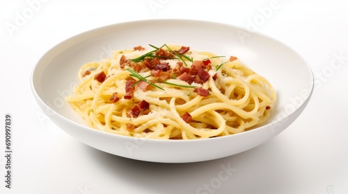 Delicious Italian Carbonara Pasta with Guanciale on White Background AI Generated