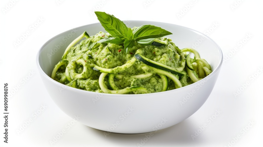 Delicious Italian Zucchini Noodles with Pesto on White Background AI Generated Delicious Italian Zucchini Noodles with Pesto on White Background AI Generated