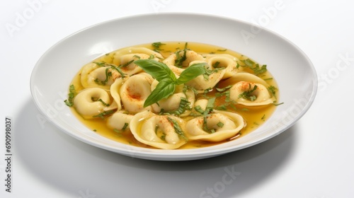 Delicious Italian Tortellini in Broth on White Background AI Generated