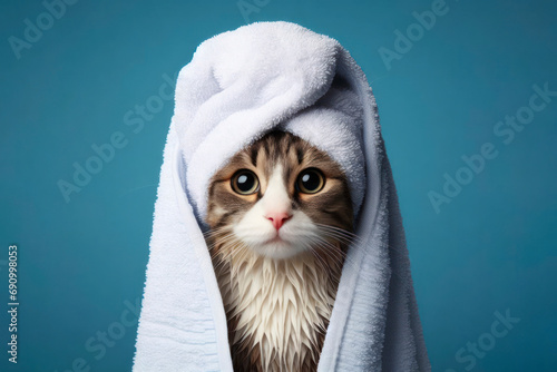 Cat with a towel rolled on his head after a shower on a blue background. ai generative photo