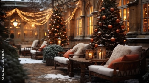 One of the courtyard in the garden is decorated with Christmas lights, Trees and chairs.
