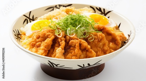 Delicious Japanese Katsudon Pork Cutlet Over Rice on White Background AI Generated