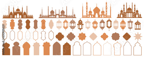 Ramadan Muslim vector shapes set. Islamic mosque window frames and lanterns silhouettes. Traditional arch template design for decoration. Oriental minimal elements.