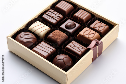 Closeup photo of a Chocolate box on a white background. © visoot