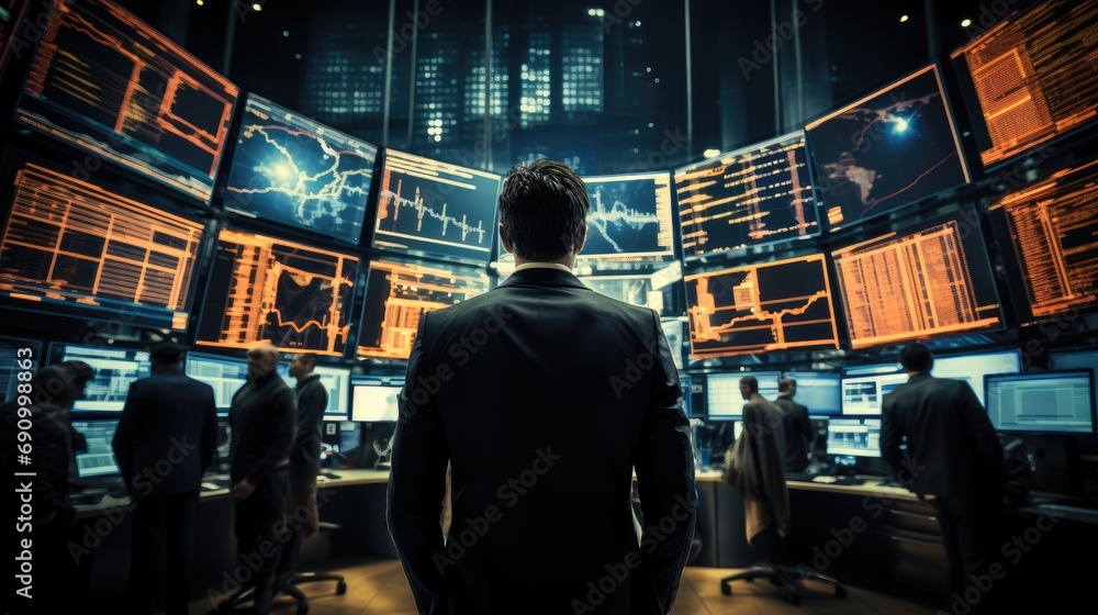 A bustling stock market floor where traders in sharp suits, Surrounded by an array of screens displaying real-time financial data. The atmosphere is intense.